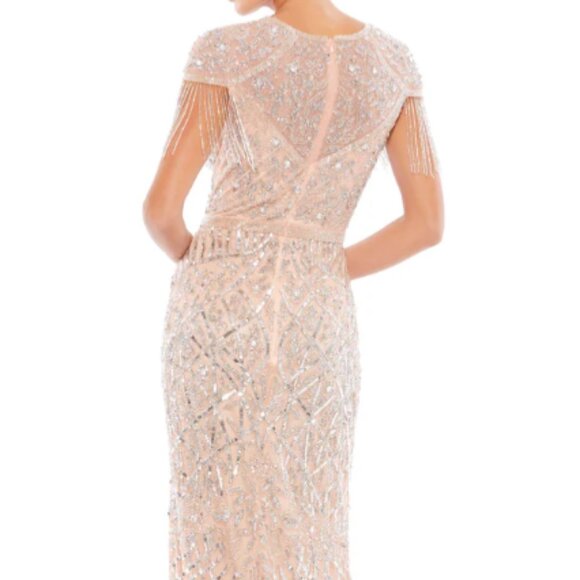 MAC DUGGAL 4715 EMBELLISHED FRINGE CAP SLEEVE PLATINUM TRUMPET GOWN sz 4 - Picture 5 of 6